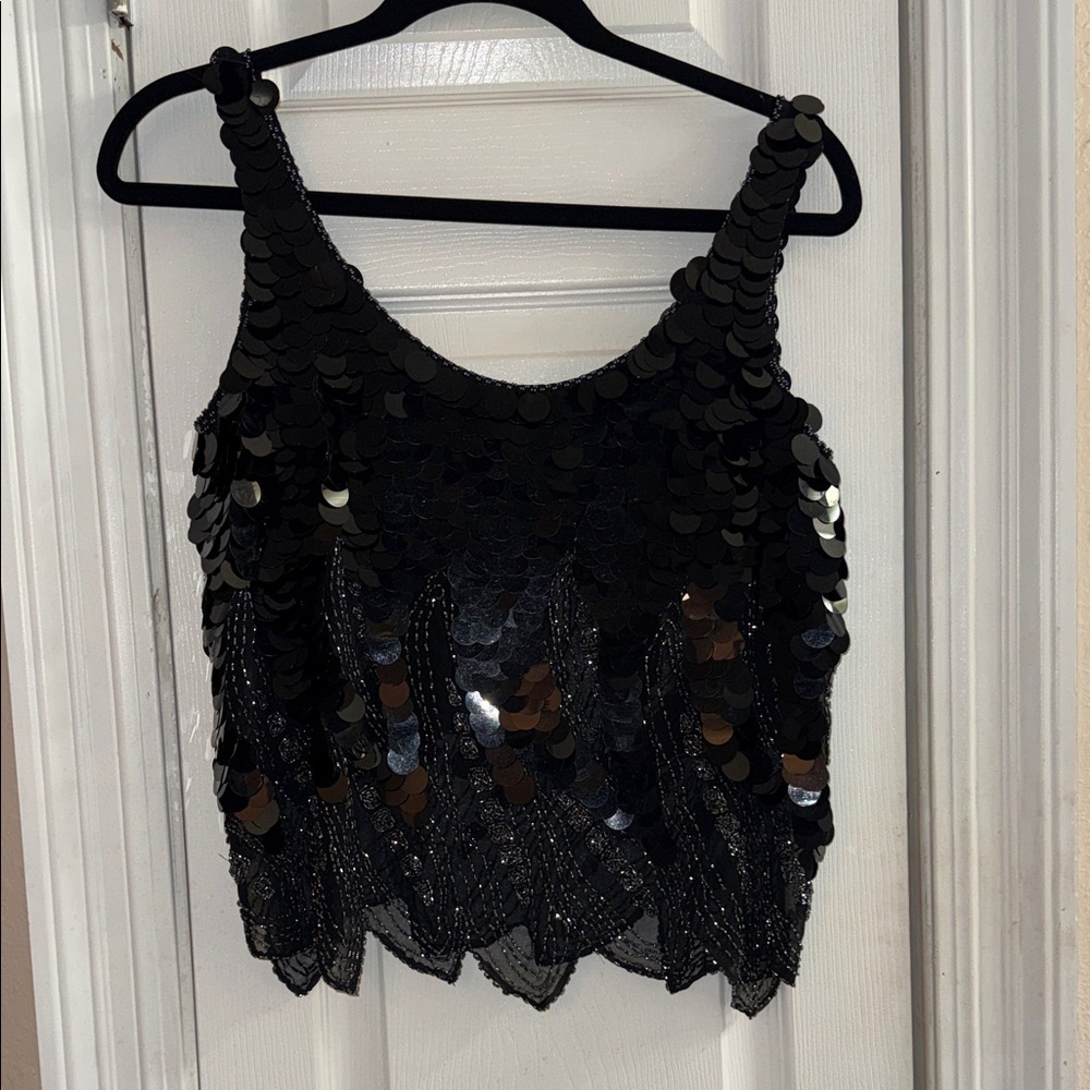 Vintage Oleg Cassini 100% Silk Black Sequin Camisole Tank Top